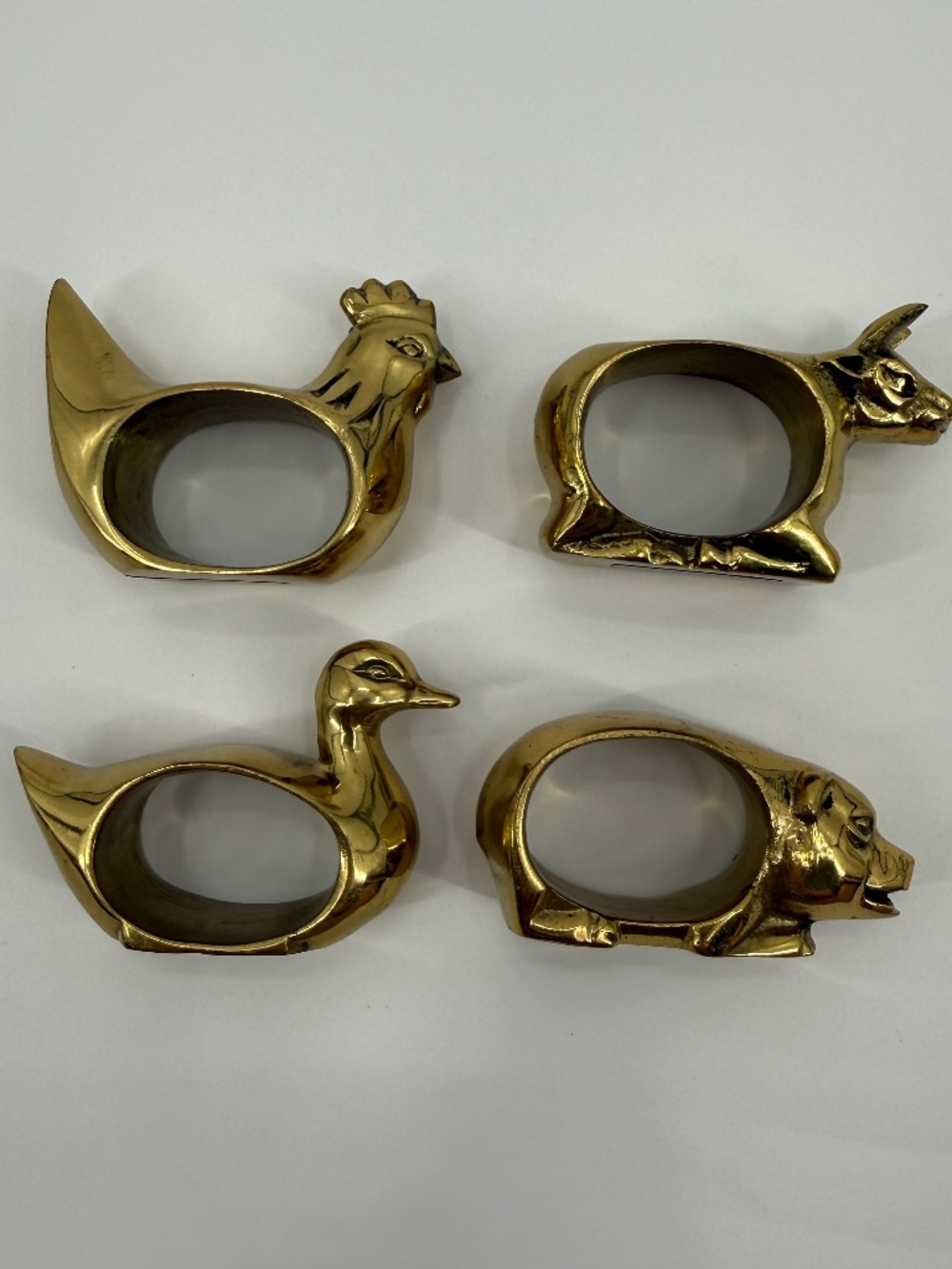 Vintage Brass Farm Animal Napkin Rings Set of 4 Rooster Cow Duck Pig Taiwan